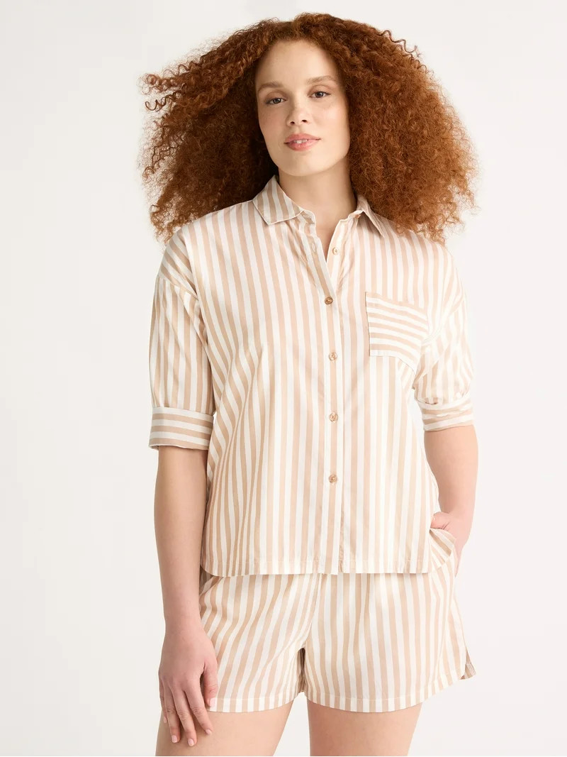 Joyspun Women’s Woven ¾ Sleeve Notch Collar Top and Boxer Shorts Pajama Set, Sizes XS-3X | Walmart (US)