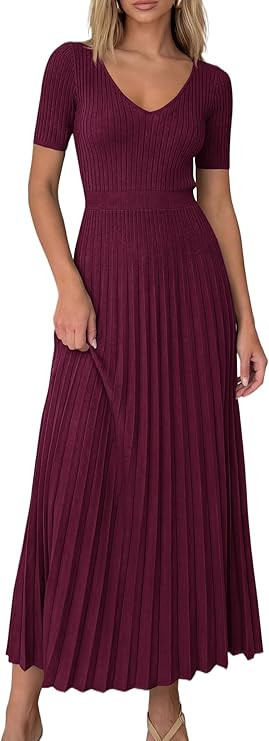 PRETTYGARDEN Women's 2026 Spring Midi Sweater Dresses Elegant Pleated Ribbed Knit Short Sleeve V ... | Amazon (US)