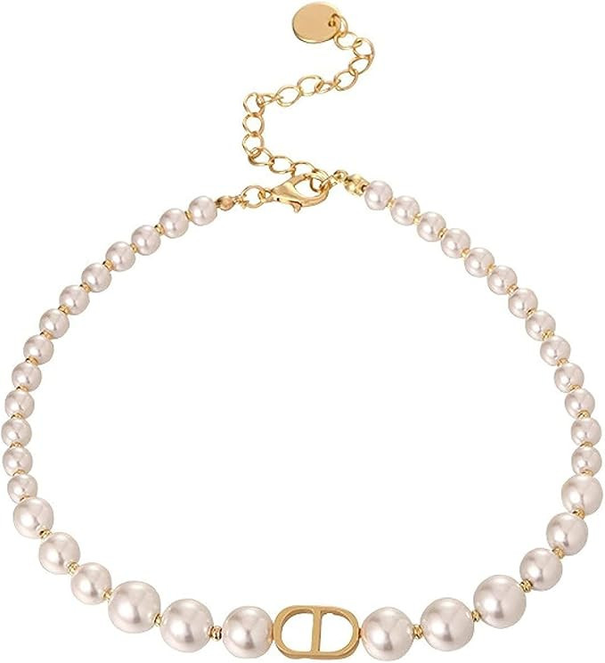 YoHa CD Pearl Necklace High Sense Niche Light Luxury Necklace Retro Wild Choker Clavicle Chain | Amazon (US)