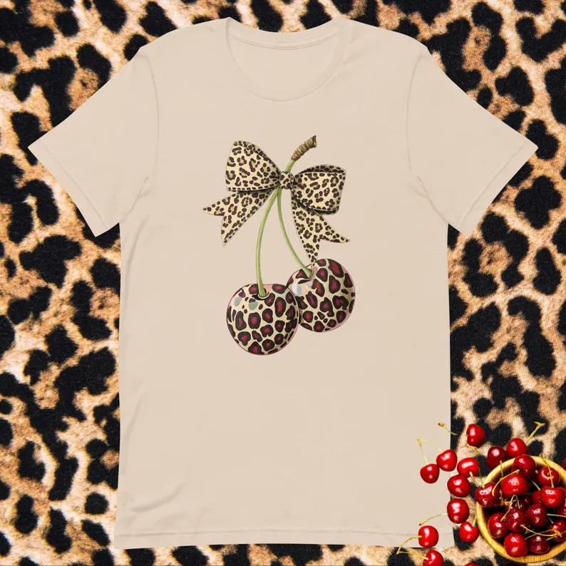 Leopard Print Cherry Shirt Cherries With Coquette Bow T-shirt Cheetah Print Bows Cherrycore Gift ... | Etsy (Global)