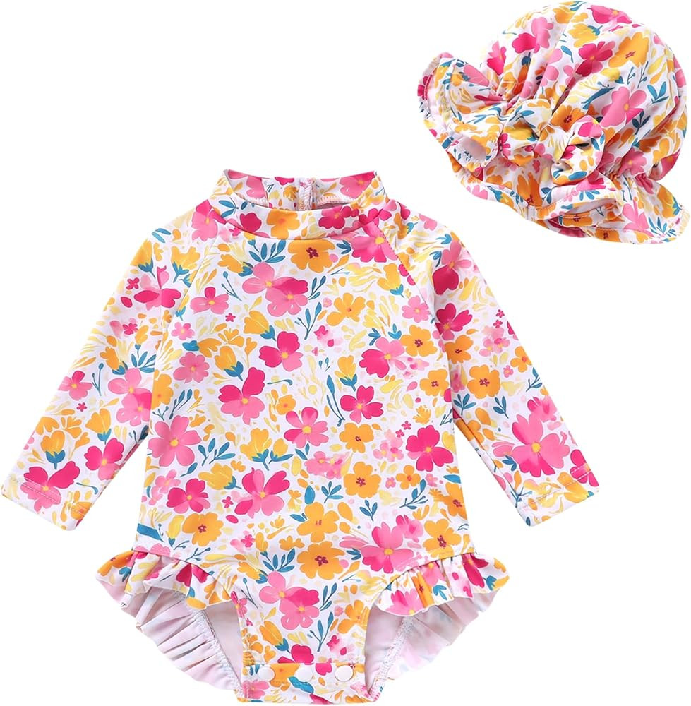 Infant Baby Girl Swimsuit One-Piece Long Sleeve Rash Guard with Hat Set Floral Zipper Bathing Sui... | Amazon (US)