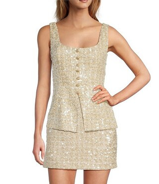 Gianni Bini Amara Sleeveless Button Front Square Neck Sequin Tweed Vest Top | Dillard's | Dillard's