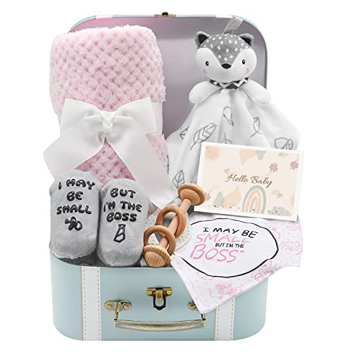 Baby Gift Set, Baby Girls Gift Set New Baby Gifts Basket - Babies Blanket Baby Lovey, Funny Baby Bibs Socks & Greeting Card - Newborn Baby Shower Gifts, Fox | Amazon (US)