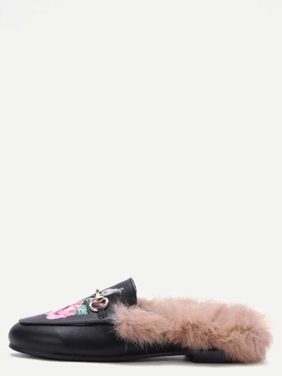 Black Rose Embroidered PU Fur Trim Loafer Slippers | SHEIN