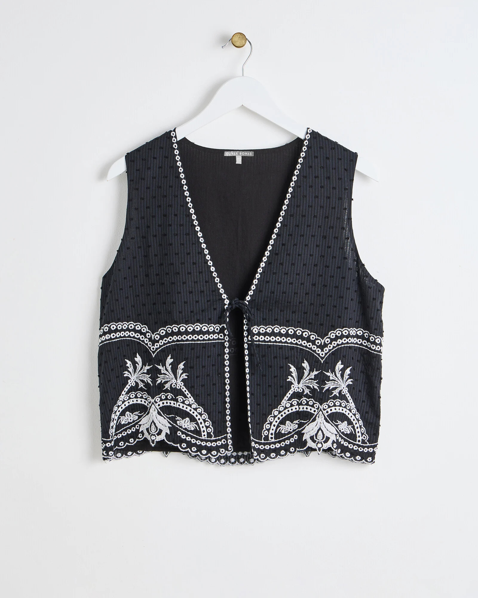 Embroidered Black Textured Tie Front Waistcoat | Oliver Bonas | Oliver Bonas (Global)