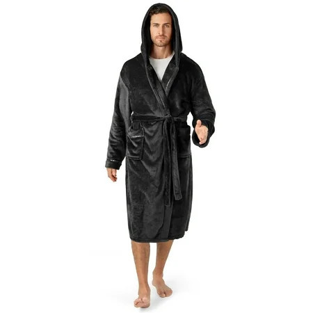 PAVILIA Mens Robe, Hooded Bathrobe for Men, Fleece Black Robe for Men with Hood, Plush Long Male Robe with Pockets, Satin Trim - Black | Walmart (US)