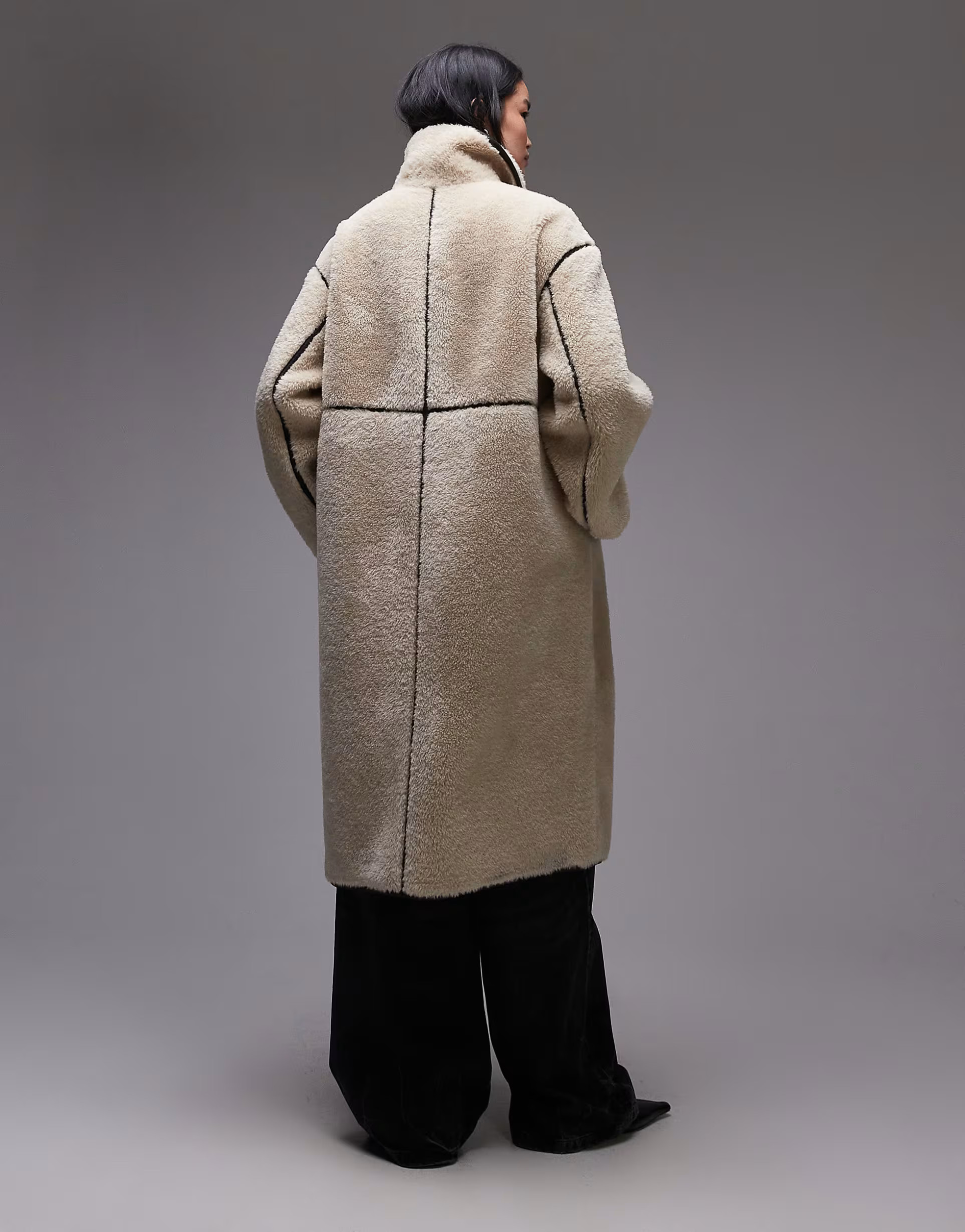 ARKET oversized faux shearling midi coat with brown contrast edging in light beige | ASOS (Global)