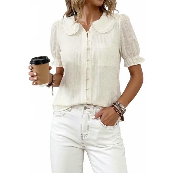 PRETTYGARDEN Women's V Neck Poplin Short Sleeve Button Up Top, Sizes S-XXL | Walmart (US)