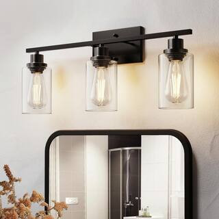 24 in. 3-Light Industrial Matte Black Vanity Light Fixtures for Bathroom with Clear Glass Shades | The Home Depot