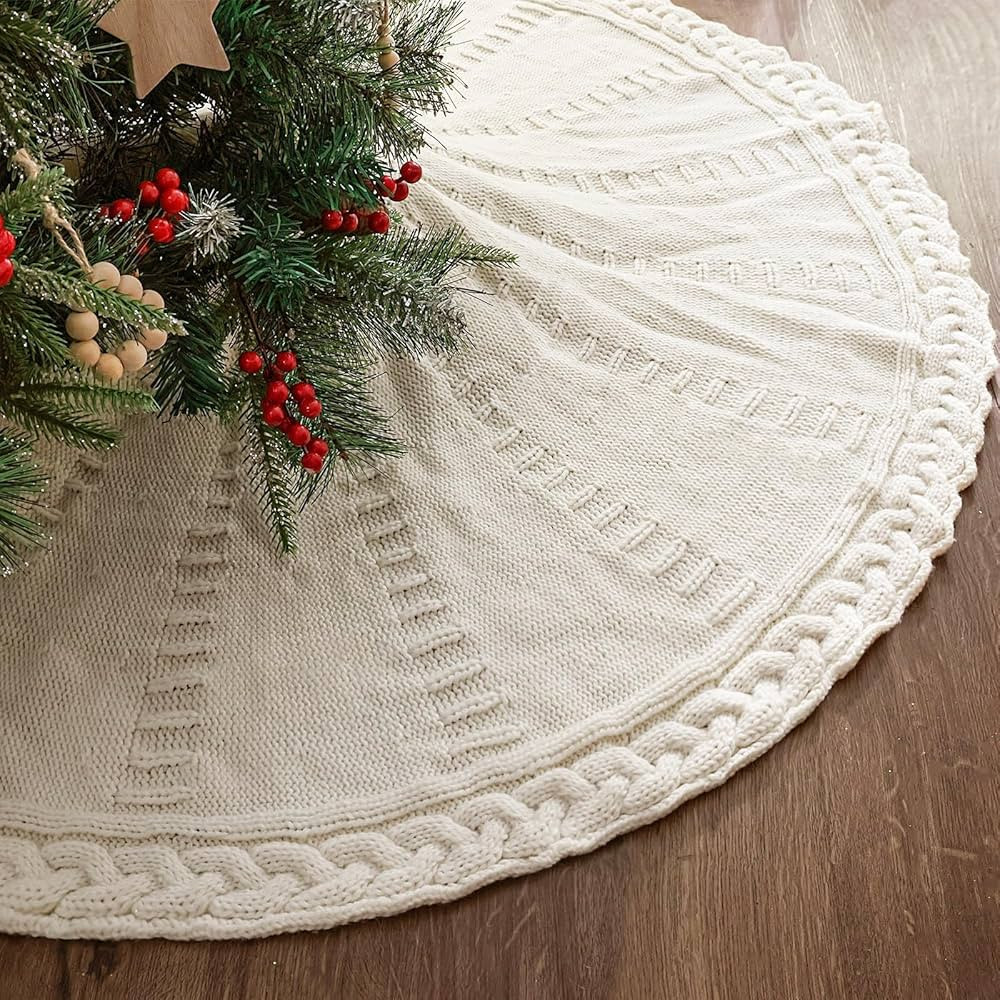 LimBridge Knitted Christmas Tree Skirt: 48 Inches Cream White Tree Skirt, Braided Cable Knit Thic... | Amazon (US)