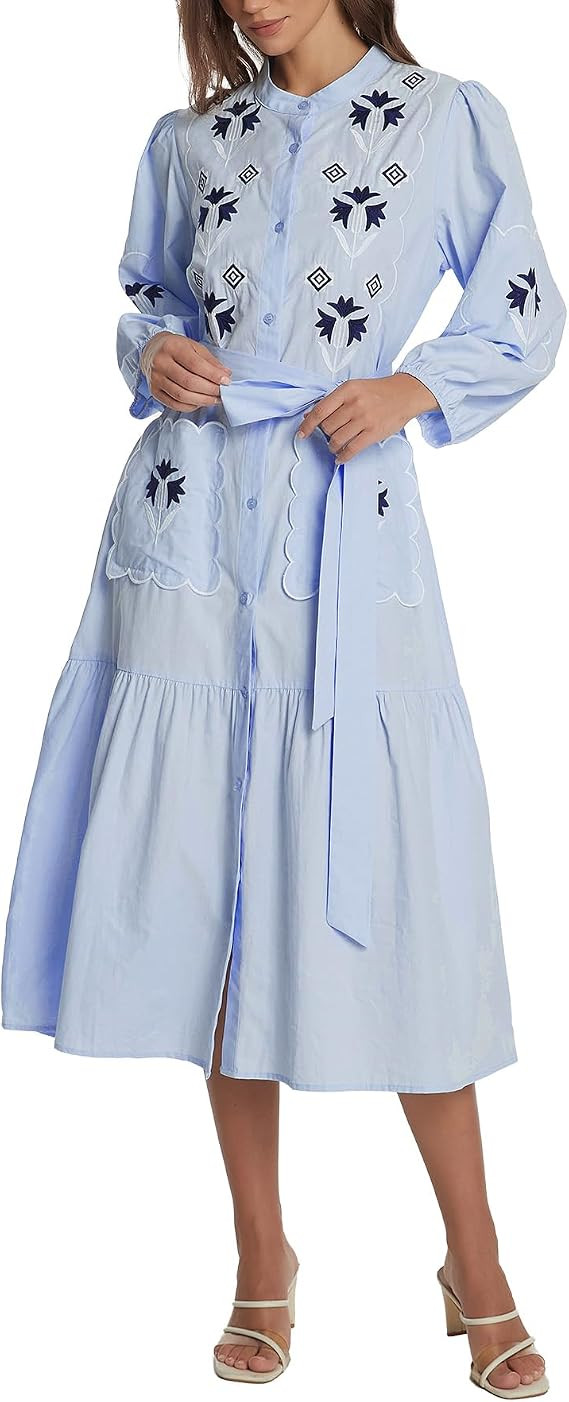 EZAPINE Womens Long Sleeve Midi Dress Embroidered Button Down Dress with Belt | Amazon (US)