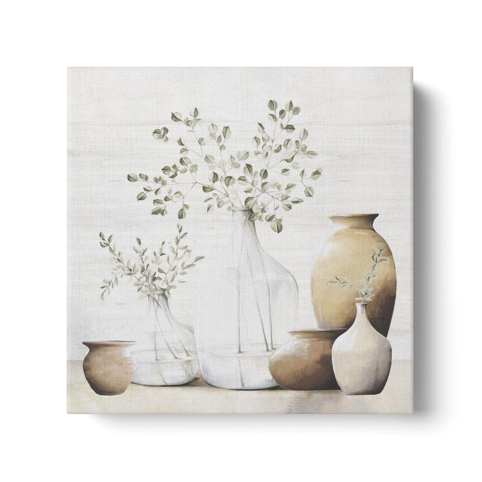 'Sage Dreams' by White Ladder, Ivory/Sage Green/Tan/Neutral Flower Jars Painting Canvas Wall Art ... | Wayfair North America