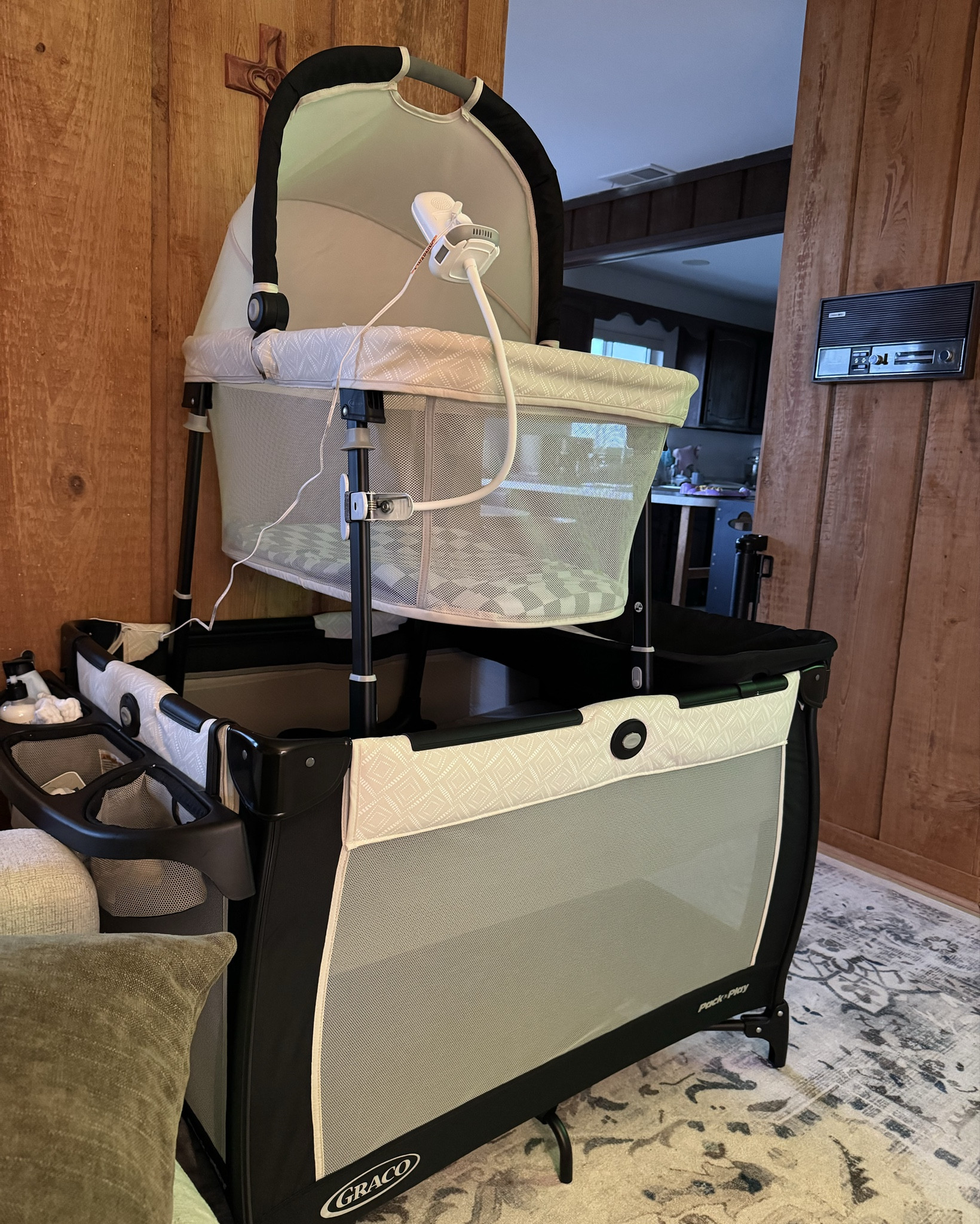 Our living room set up! Baby is up high, toddler can’t throw any toys into the bassinet, it’s nice and sturdy, comes with a changing table which is elevated so toddler doesn’t get in the mess, and we were able to attach a monitor to it in case I need to step away for a moment 🩵🧸

#LTKmomlife #LTKBaby #LTKKids