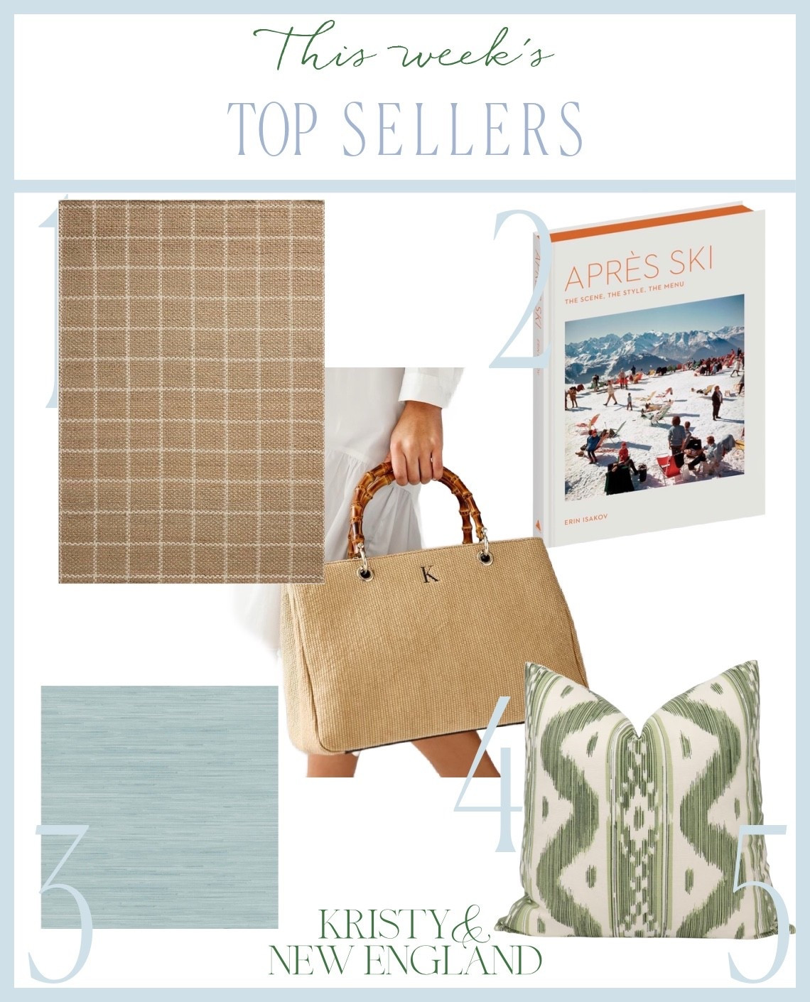 Top sellers of the Week windowpane rug, apres-ski book, peel & stick grasscloth wallpaper, raffia & bamboo bag, green pillow

#LTKHome #LTKOver40
