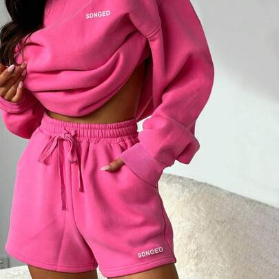Women 2 Piece Outfits Sweatsuit Lounge Sets 2025 Fashion Long Sleeve Shorts Matching Sets With Pockets | SHEIN
