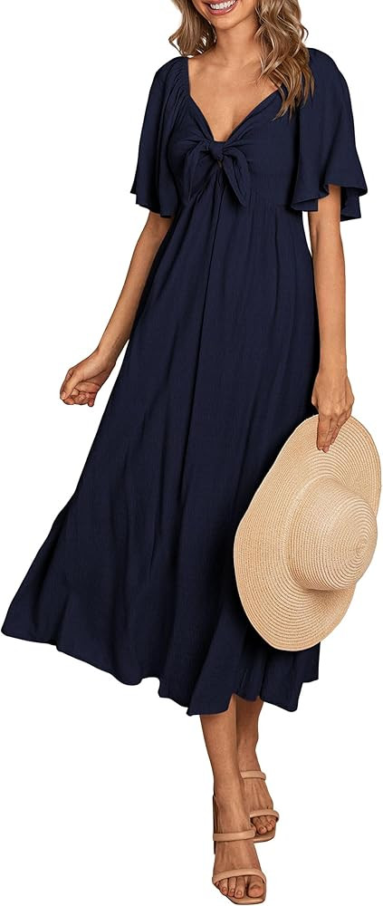 PRETTYGARDEN 2025 Summer Dress for Women Casual Short Sleeve Bow Tie V Neck Ruffle Midi Flowy Dre... | Amazon (US)
