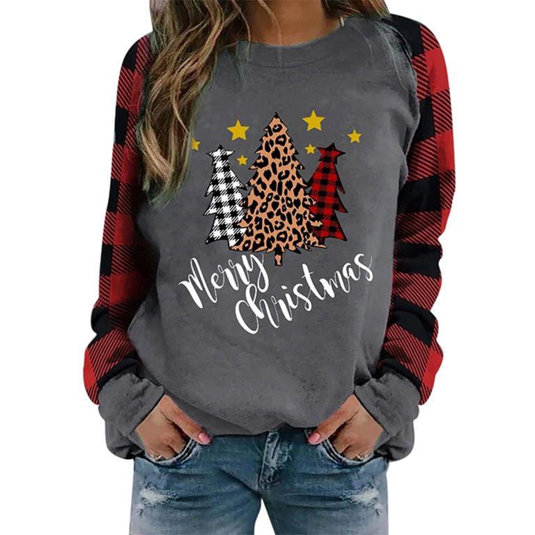 Merqwadd Women Christmas Casual Sweatshirt Adults Plaid Cartoon Print Long Sleeve Round Neck Pull... | Walmart (US)