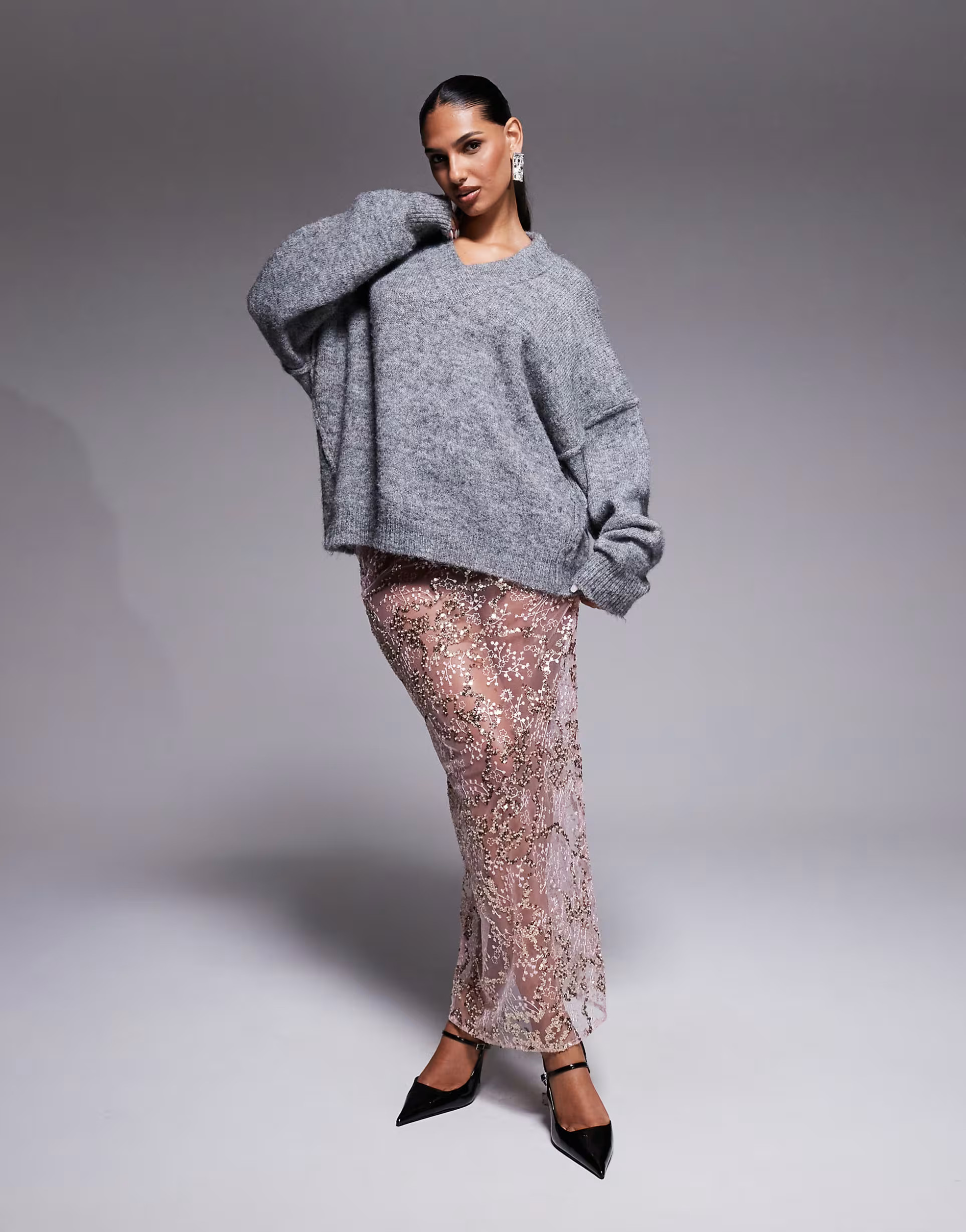 ASOS DESIGN delicate lace scatter sequin maxi skirt in pink | ASOS (Global)