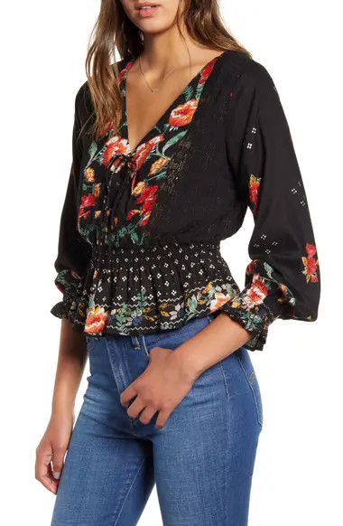 Floral Print Lace Trim Peplum Top | Nordstrom