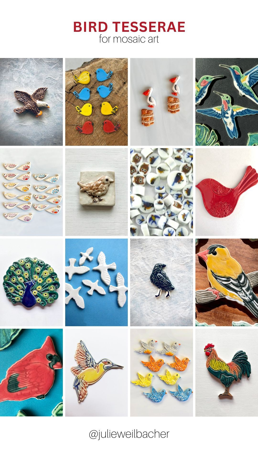 Sharing bird tesserae (materials/tile) for mosaic art which celebrates birds we know and love! 🦅 This collection features handmade ceramic tiles, fused glass, and murrini. 🦅 For mosaic tips, tutorials, inspiration, and so much more please visit my YouTube channel: YouTube.com/julieweilbacher. Follow @julieweilbacher on Instagram for all things mosaic art. eagle - robins - seagulls - hummingbirds - partridge - sparrow - owl - peacock - white dove - crow - finch - cardinal - rooster - ceramic tile - mosaic - spring decor - mosaic art - spring crafts - tile crafts - gifts for gardeners - gifts for bird loverss

#LTKFindsUnder50 #LTKHome