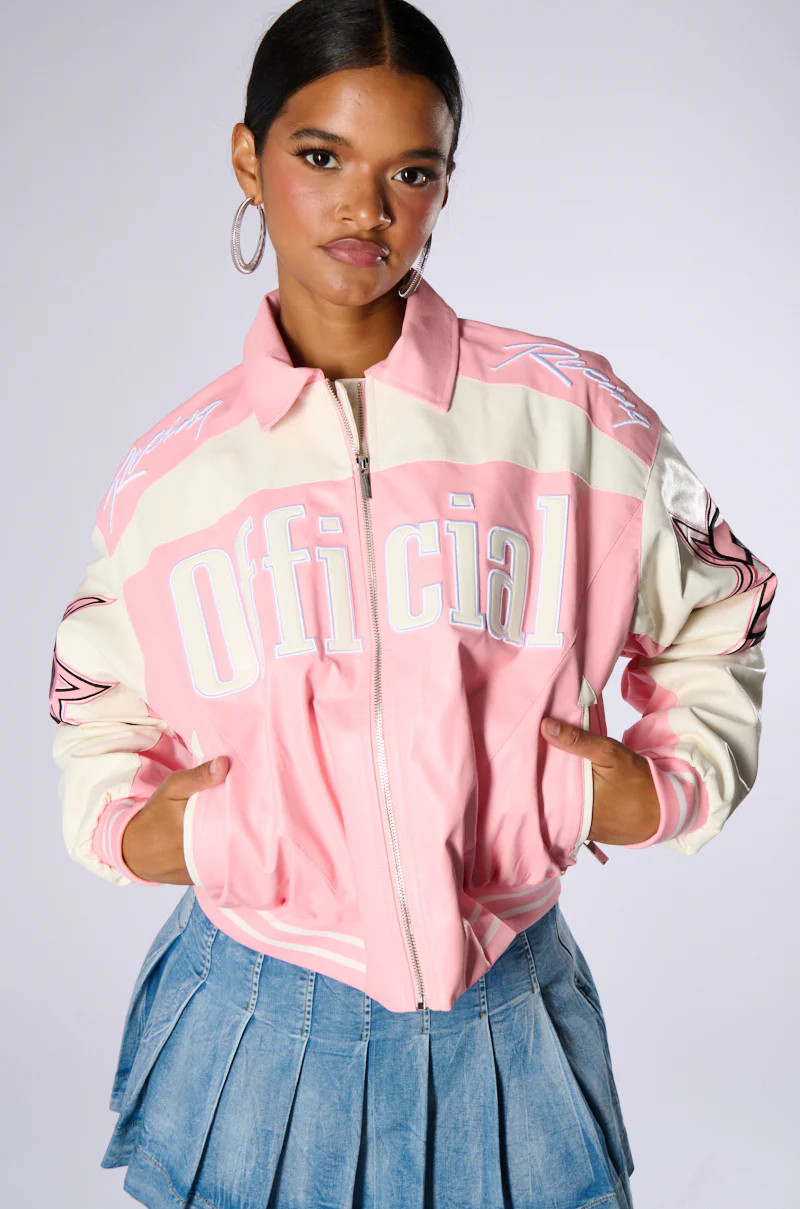 KEEP IT MOVING MOTO BOMBER IN LIGHT PINK | AKIRA