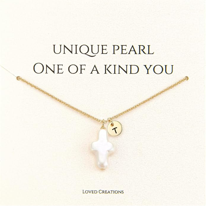 Pearl Cross Necklace for Women, Gold Initial Necklaces 14K Gold Plated, Cute Dainty Baroque Pearl... | Amazon (US)
