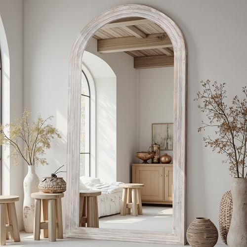 Full Length Mirror, 81"×41" Wooden Mirror Full Length with Stand Wood Floor Mirror, Oversized Stand Up Mirrors Large Wall Mirrors, Wall Mounted Mirrors, Arched Vintage Style, White | Amazon (US)