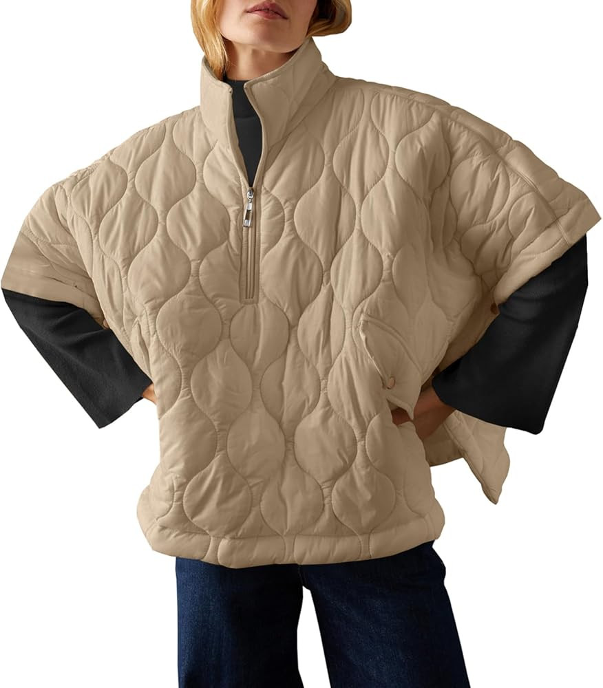 Fazortev Women's Puffer Poncho Pullover Quilted Jacket Short Sleeve Half Zipper Coat Cape Outerwe... | Amazon (US)