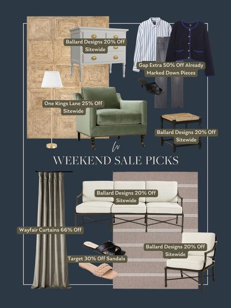 Weekend sales I am loving! One Kings Lane is having their annual 25% off site wide sale. This beautiful textured rug, green velvet chair, and pleated lamp are such stunning picks. Ballard Designs is also 20% off site wide, and how pretty is this outdoor patio set! It reminds me of traditional English home backyard set. Gap is an additional 50% off already marked down prices, and Target is 30% off sandals. So many great deals! 

#LTKstyletip #LTKsalealert #LTKhome