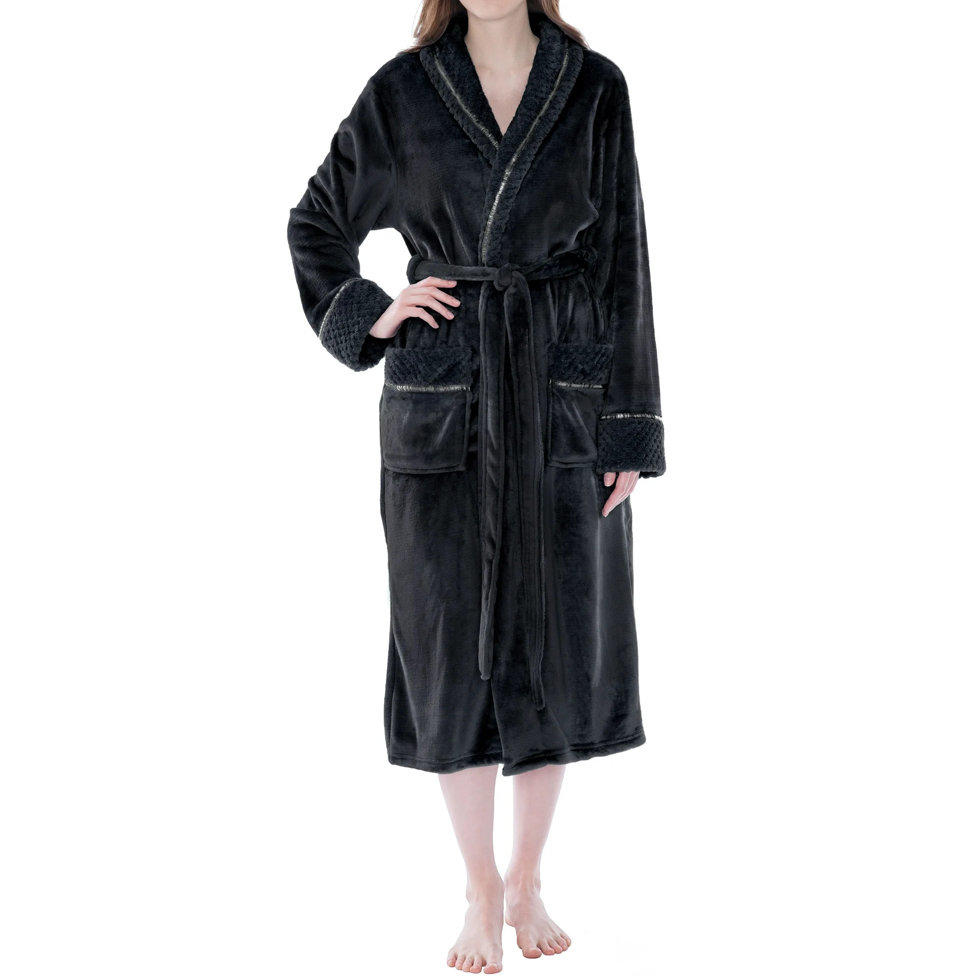 PAVILIA Soft Plush Women Fleece Robe, Black Cozy Bathrobe, Female Long Spa Robe, Warm Housecoat, ... | Walmart (US)