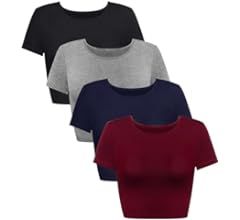 4 Pack Women's Basic Tight Short Sleeve Women Cute Trendy Crop Tops Scoop Neck Crop for Women or ... | Amazon (US)