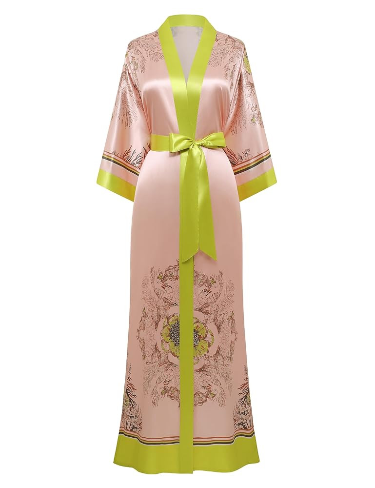 PRODESIGN Kimono Robes for Women - Long Satin Sleepwear Silky Nightgown Bathrobe Floral Dressing ... | Amazon (US)