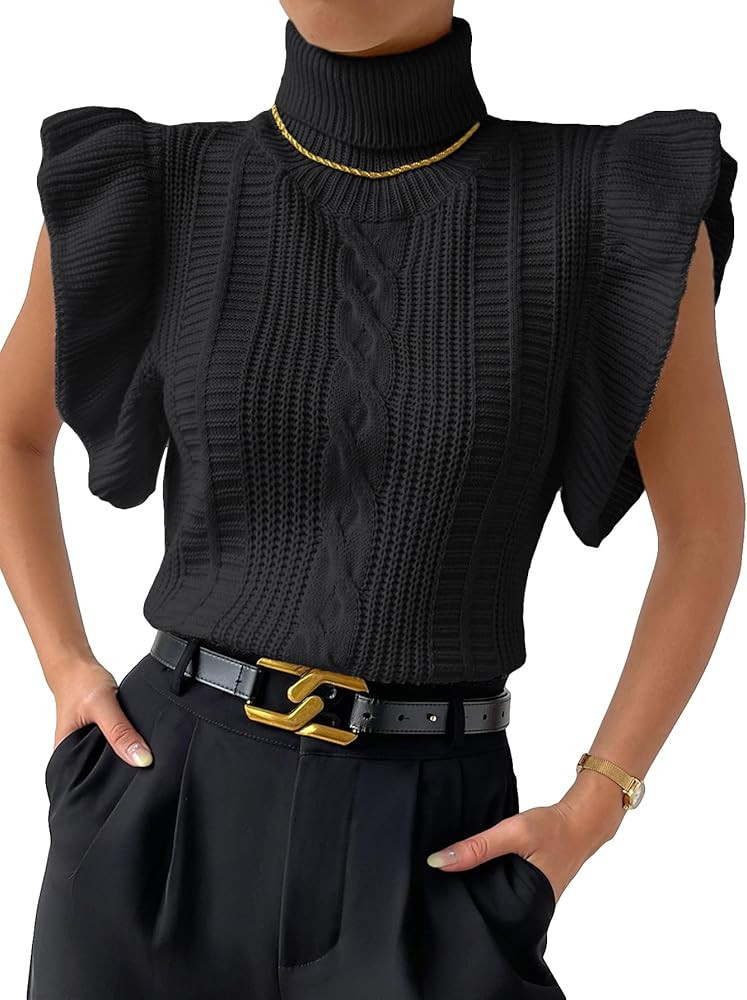 GORGLITTER Sweater Vest Women Cable Knit Mock Neck Ruffle Sleeveless Pullover Tops | Amazon (US)