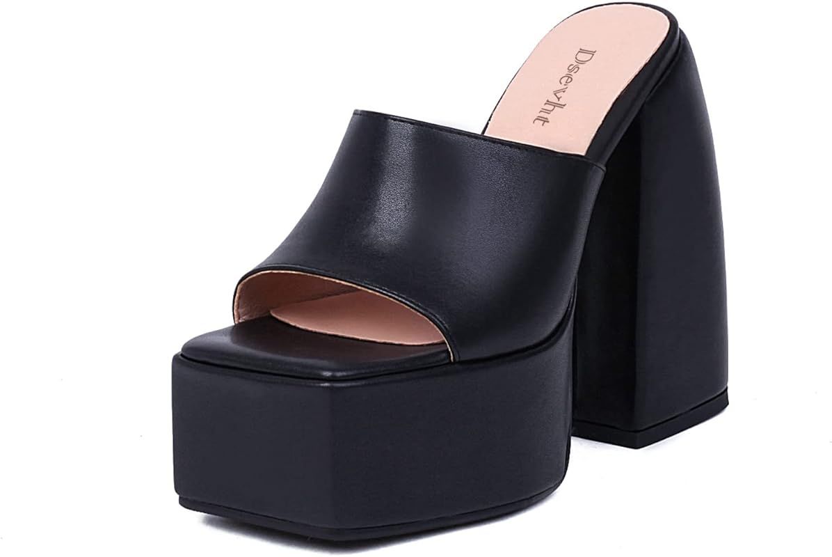 Chunky Platform Sandals for Women,Slip On Square Toe Platform Mules with High Heel | Amazon (US)