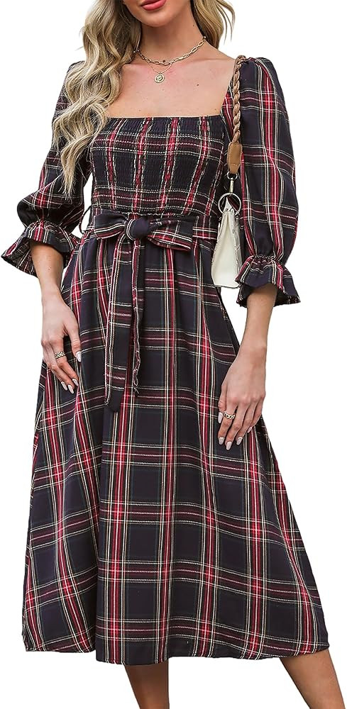 CUPSHE Women's Maxi Dresses Square Neck Plaid Smocked Belted Ruffled Casual Half Trumpet Sleeve A... | Amazon (US)
