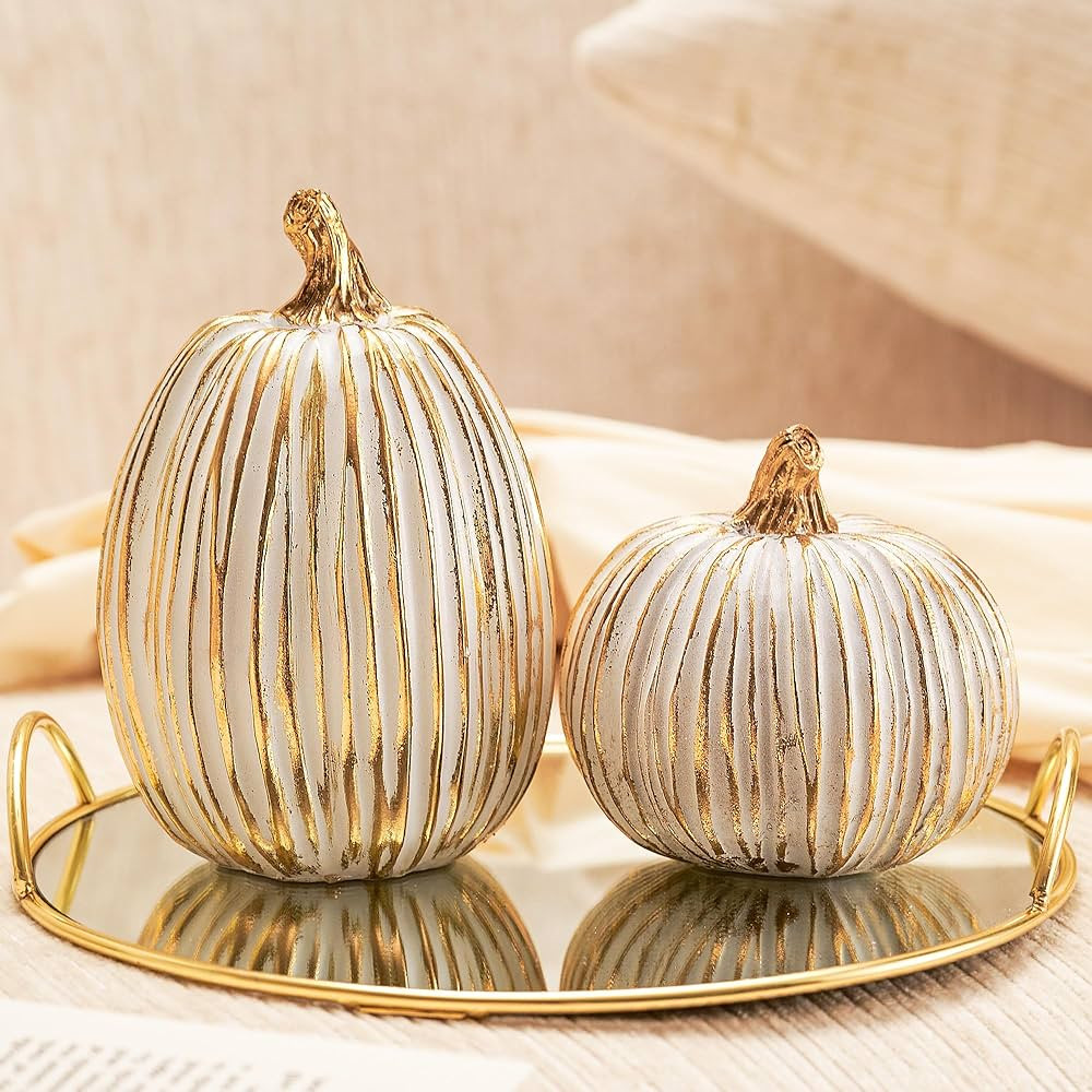 DN DECONATION White and Gold Fall Pumpkin Decorations Thanksgiving Table Centerpieces, 2 Pcs Arti... | Amazon (US)