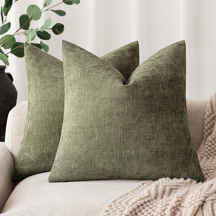Foindtower Solid Textured Chenille Throw Pillow Covers 22x22,Olive Green | Amazon (US)