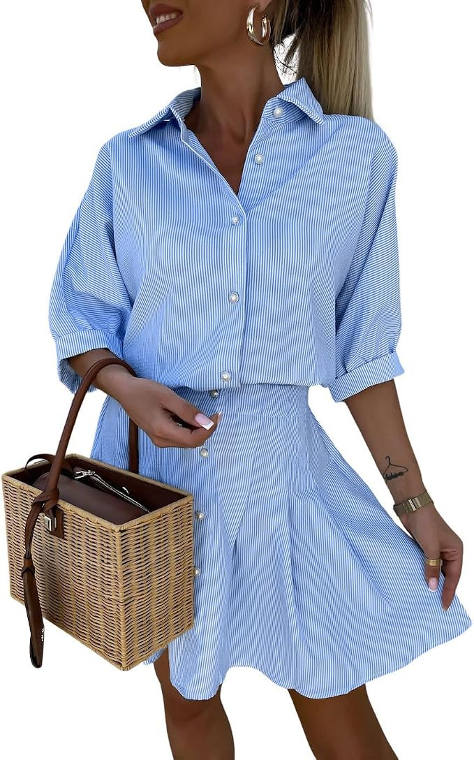 chouyatou Women's 2 Piece Outfits Striped Lapel Button Down Shirt Pleated Mini Skirt Matching Set... | Amazon (US)