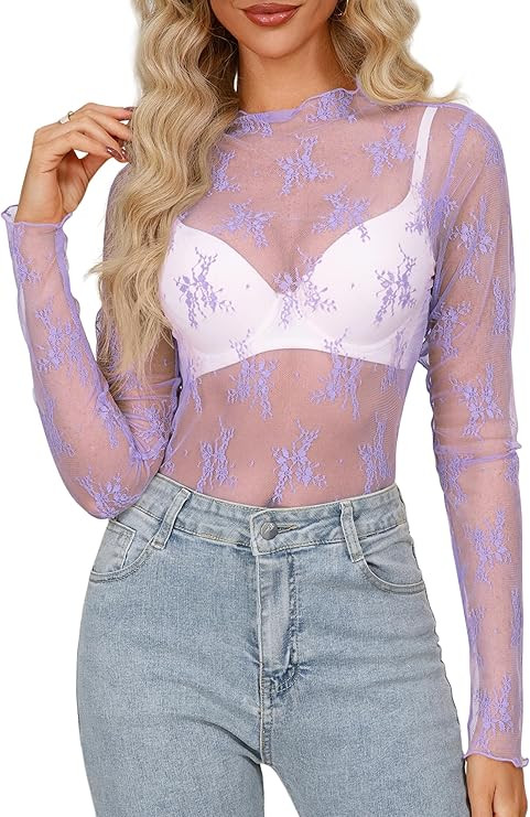 Diosun Womens Mesh Sheer Tops Long/Short Sleeve Mock Neck Sexy See Through Shirts Lace Floral Blo... | Amazon (US)