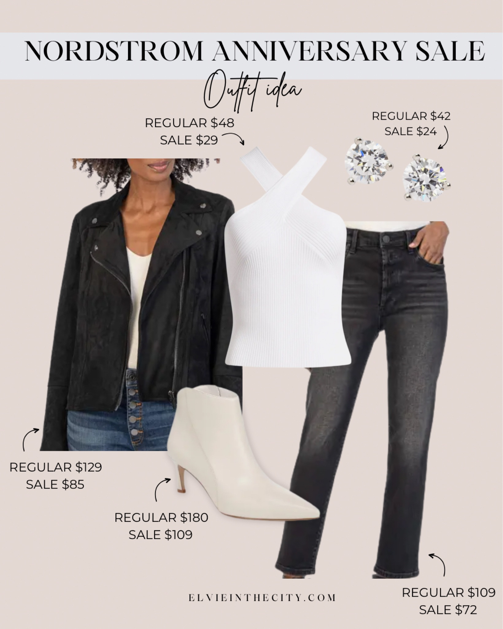 Nordstrom Anniversary Sale outfit idea. 

Faux leather jacket, white tank, flare jeans, white booties, diamond earrings 

#LTKstyletip #LTKsalealert #LTKxNSale