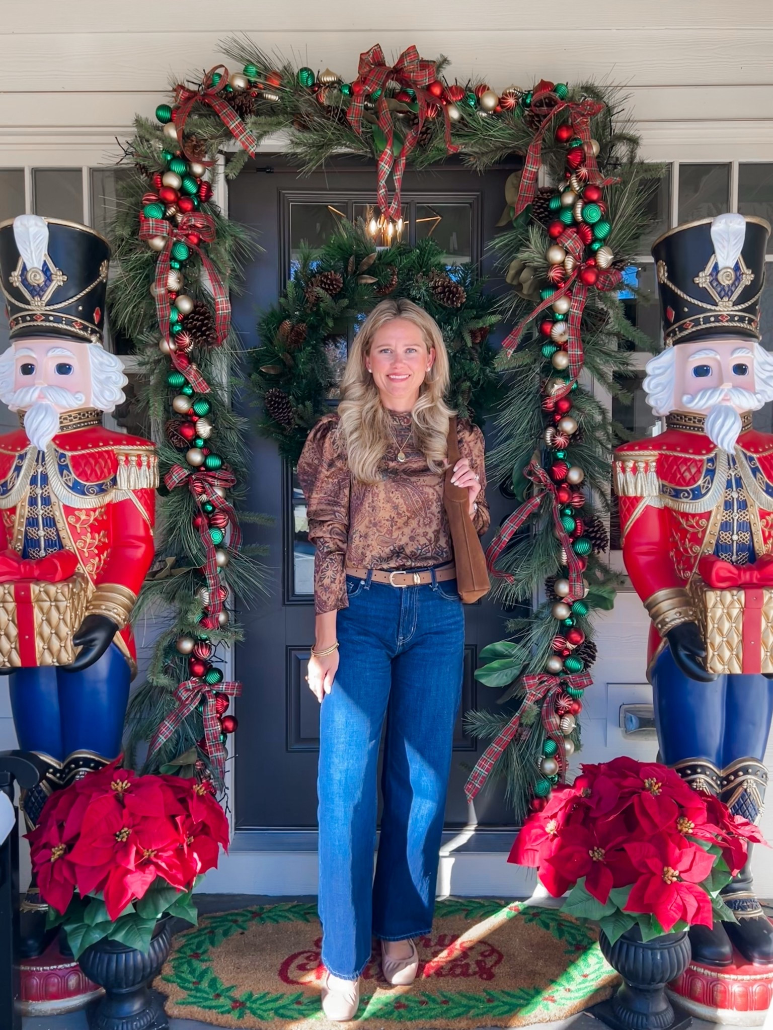 Puff sleeves blouse wide leg jean suede bag brown bag mom style poinsettia Christmas decor Christmas garland shatterproof garland  Christmas nutcracker porch decor 

#LTKSaleAlert #LTKHome #LTKHoliday