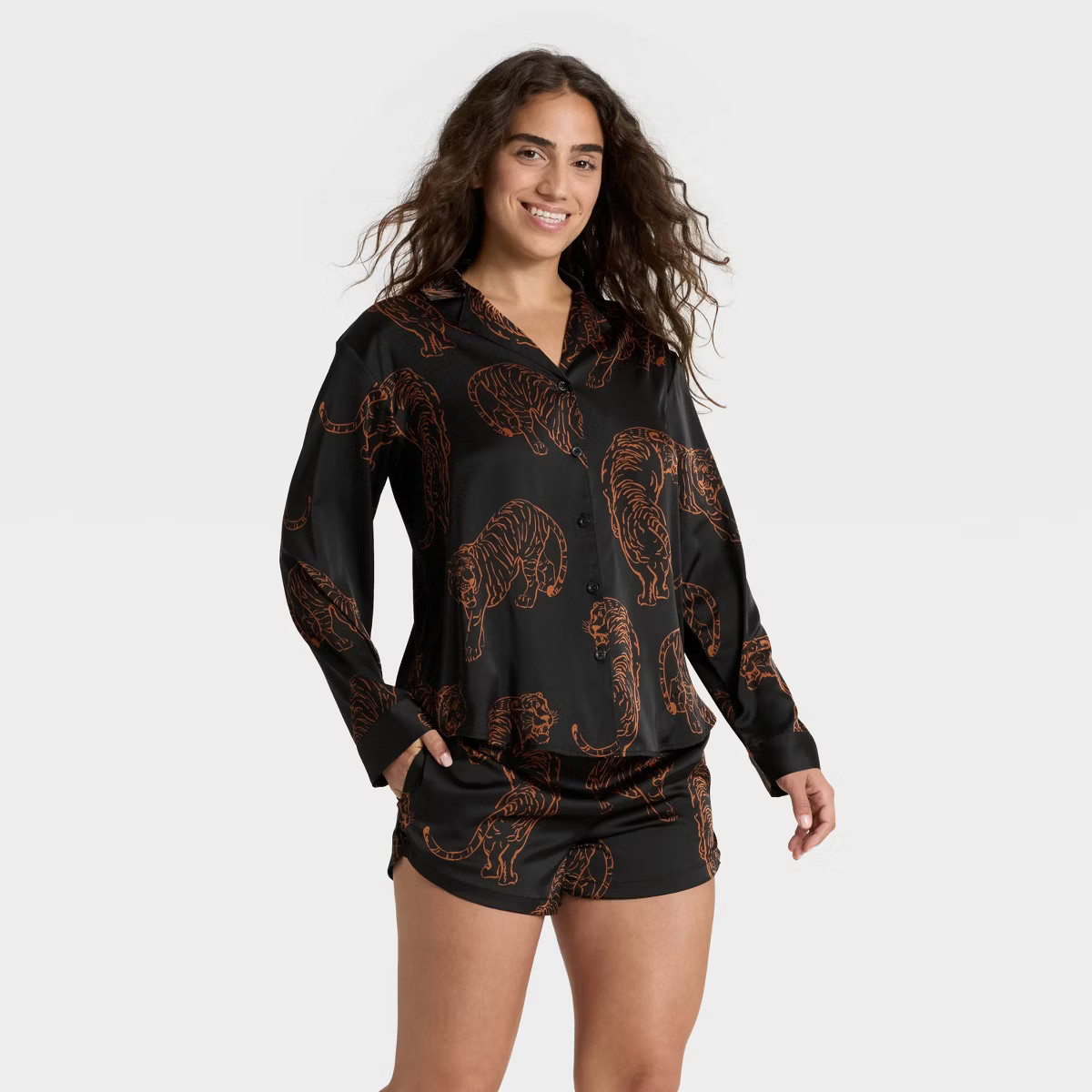 Women's Satin Notch Collar Long Sleeve Shirt and Shorts Pajama Set - Auden™ | Target