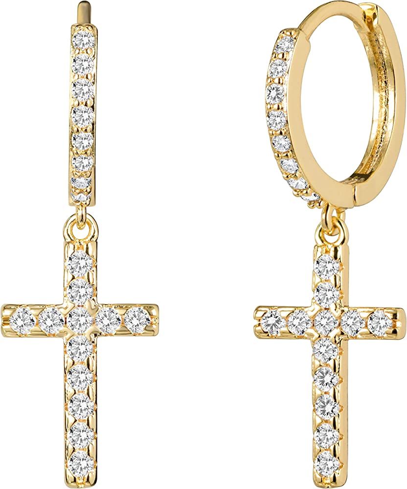 LAVLA Silver/Gold Cross Hoop Earrings - 14k Gold Plated Cubic Zirconia Pave Small Hoop Earrings D... | Amazon (US)