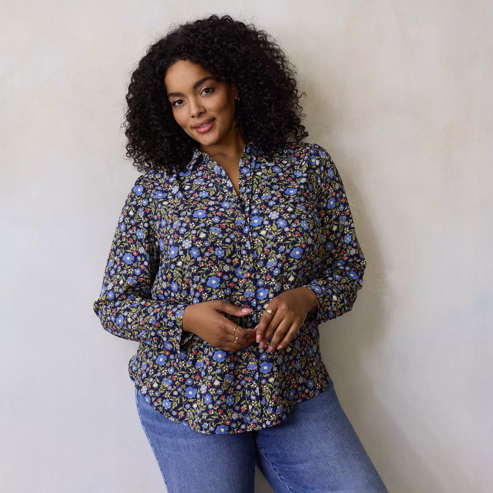 Plus Size LC Lauren Conrad Button Front Shirt with Heart Print, Women's, Size: 3XL, Black Frosty Dot | Kohl's