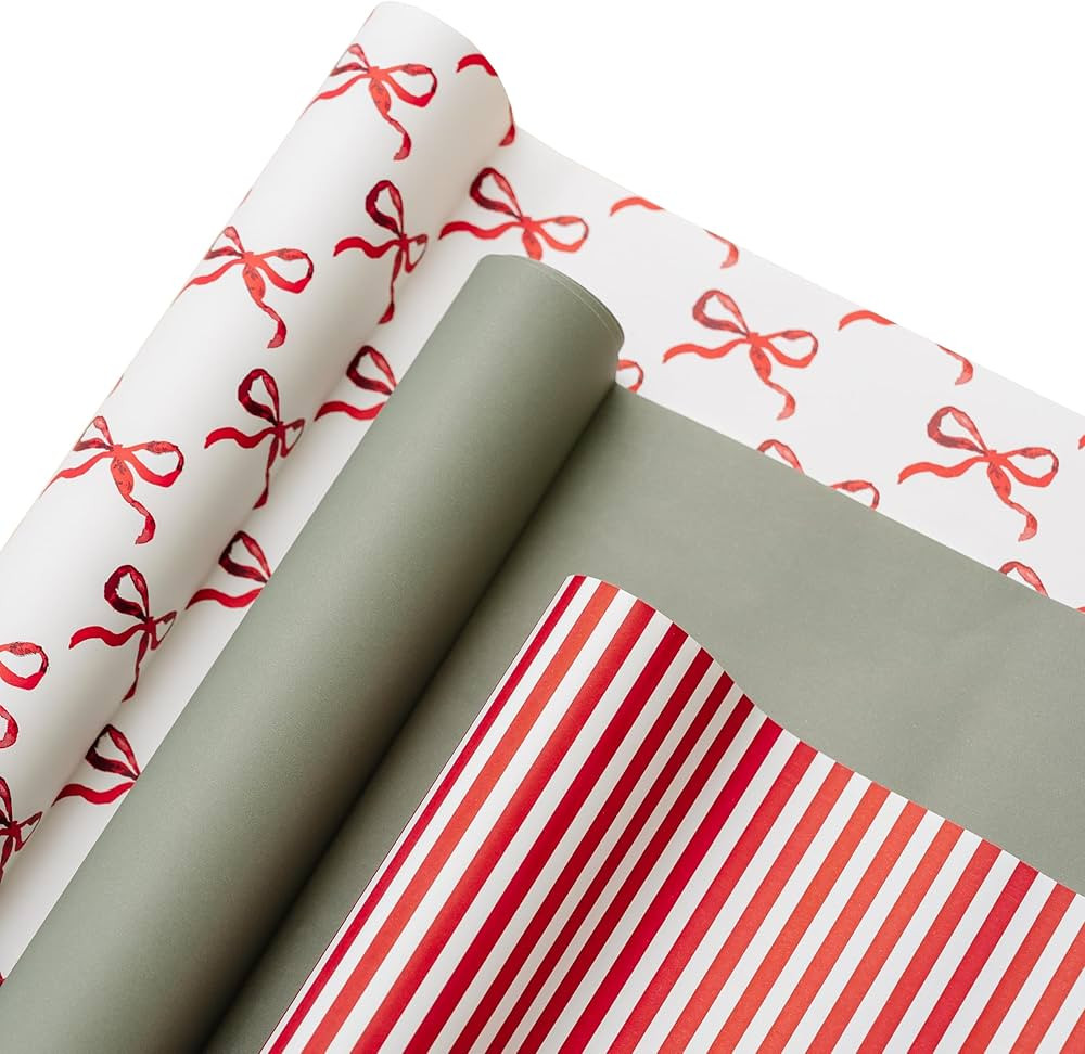 Merry Market 3-pack Premium Matte Christmas Wrapping Paper, Minimal Holiday Gift Wrap, Bows, Red ... | Amazon (US)