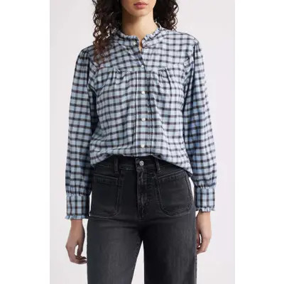 Rails Alanna Ruffle Check Organic Cotton Snap-Up Shirt in Sky Check at Nordstrom, Size Xx-Small | Nordstrom