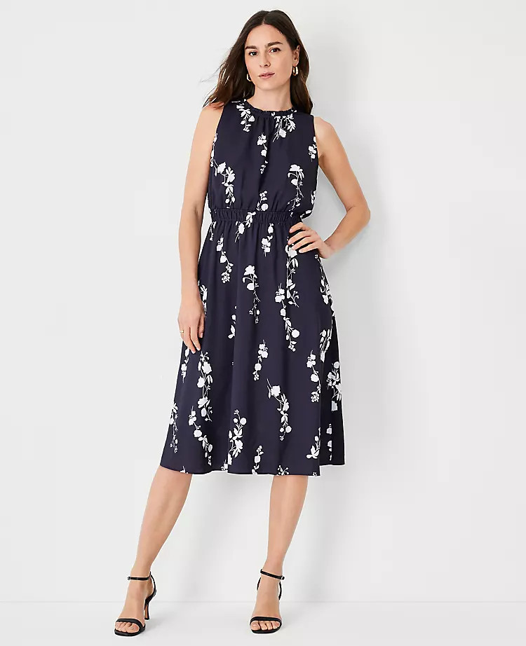Floral Gathered Sleeveless Flare Dress | Ann Taylor (US)