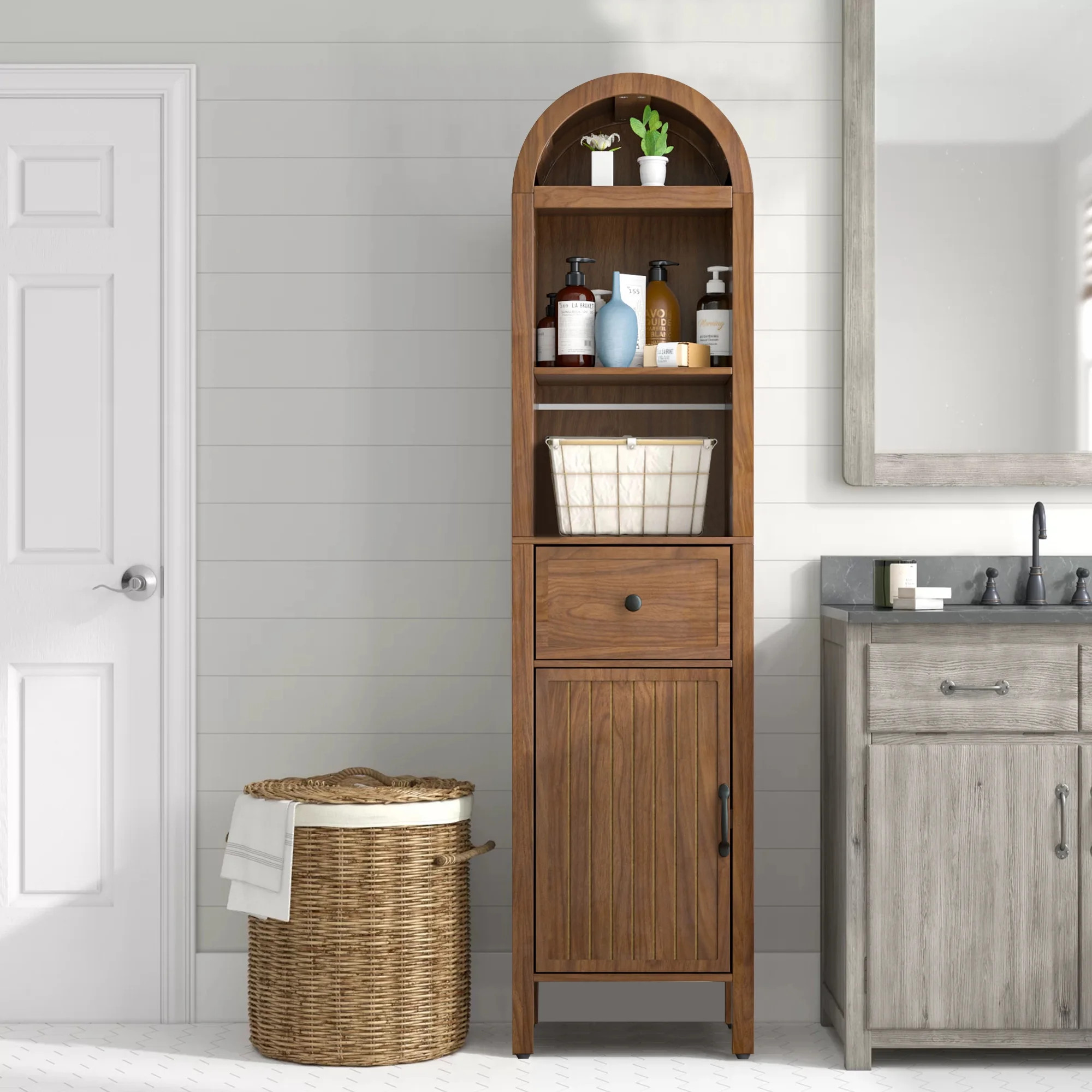 Oubayajia 64" Tall Bathroom Storage Cabinet, Narrow Tall Arched Linen Standing Tower Cabinet, Kit... | Walmart (US)
