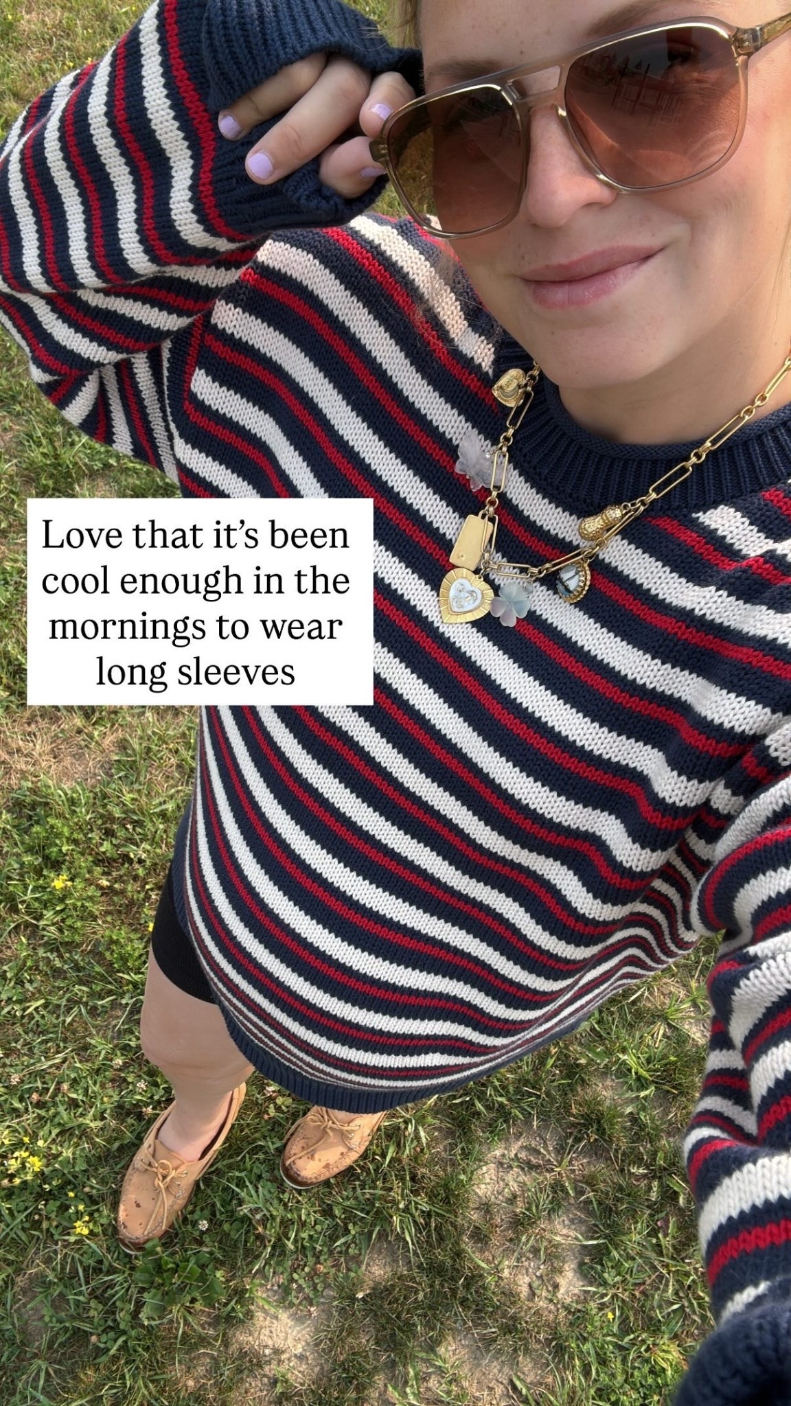 August weather ☀️🍂 Wearing a size M sweater 

Americana, American Eagle, AE, aviator sunglasses, sperrys, boat shoes, maternity fashion, bump friendly, the summer I turned pretty 

#LTKFindsUnder50 #LTKShoeCrush #LTKBump