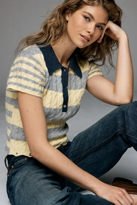 Pilcro Cotton Wool Blend Cable-Knit Polo Sweater | Anthropologie (US)